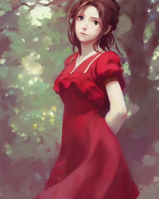 Image similar to aerith gainsborough in red cottagecore dress, portrait, illustration, rim light, top light, perfectly shaded, spring time, slight overcast lighting, soft painting, art by krenz cushart and wenjun lin