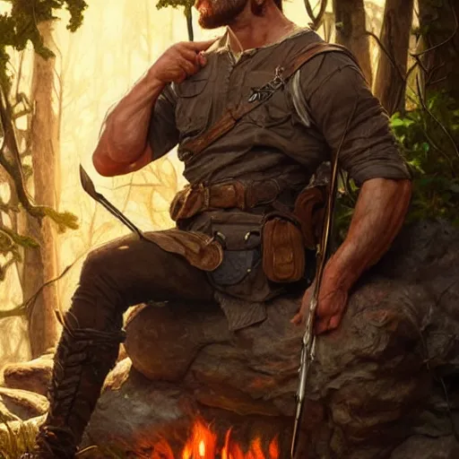 Image similar to Rugged male ranger relaxing by the fire, relaxed, D&D, muscular, upper body, fantasy, intricate, elegant, highly detailed, digital painting, artstation, concept art, smooth, sharp focus, illustration, art by artgerm and greg rutkowski and alphonse mucha