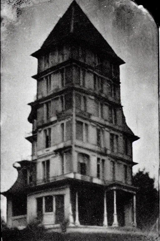 Image similar to Black and white camera obscura image of creepy mansion, 1910s paris, scary, horror, dark mood