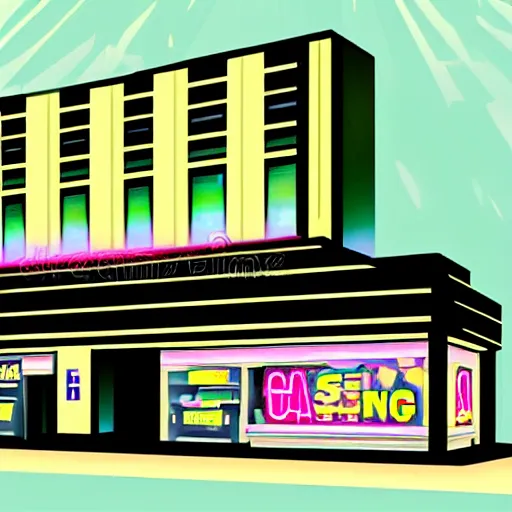 Image similar to art deco vaporwave illustration of a gaming store in a mall in pastel colors