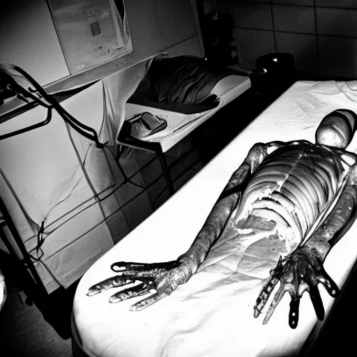 Image similar to photo of an alien autopsy, black and white, wide angle