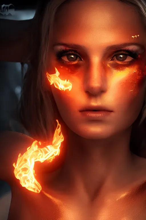 Prompt: young blonde woman playing with flames coming out of her eyes, cyberpunk, realistic, high definition, many details, dramatic scene, symmetrical face, realistic eyes, unreal engine art 5