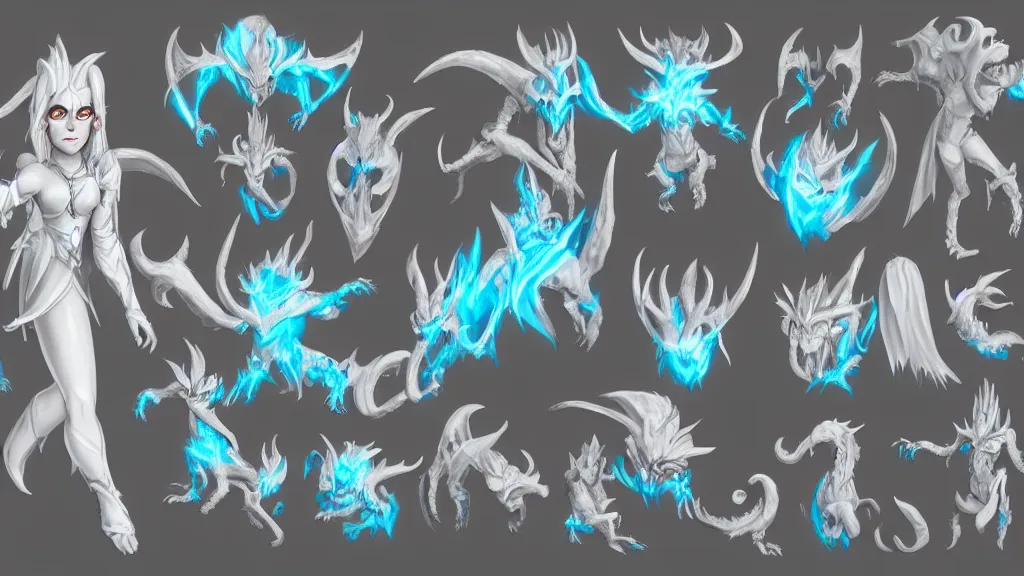 Image similar to a fantasy white and pale blue draconian demon with bright eyes character design sheet, trending on artstation