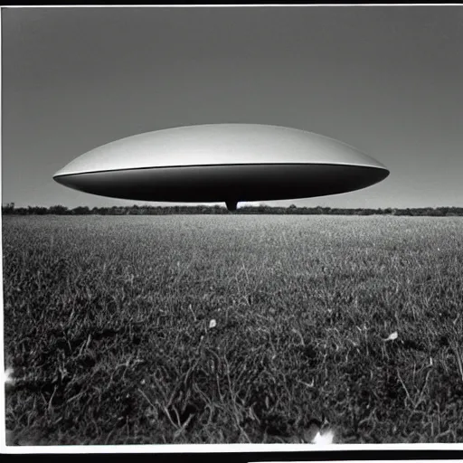 Prompt: A giant oval UFO looming over a field at night bathing the landscape in a deep red glow, unsettling atmosphere, 1950 photo