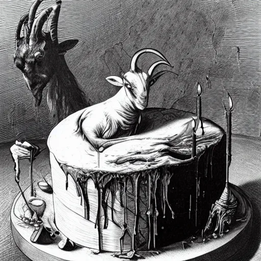 Image similar to a goat's birthday cake, from the terrifying and incomprehensible beyond, body horror, by gerard brom, zdzisław beksinski and ansel adams