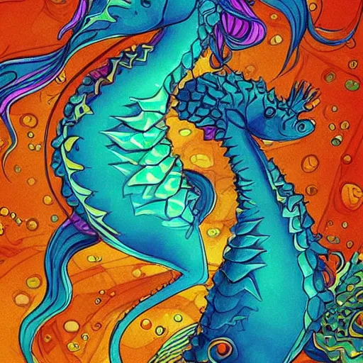 Image similar to merfolk riding seahorses, trending on artstation, colorful, intricate, art by aurore folny and senjon 津