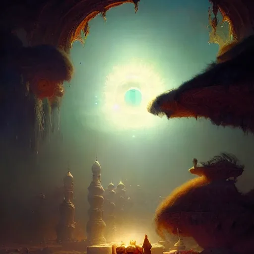 Image similar to giant shining crescent in a magic fluffy persian carpet dimension, by greg rutkowski and gaston bussiere, dim lighting, beautiful volumetric - lighting - style atmosphere, surreal atmosphere, intricate, detailed, photorealistic imagery, artstation