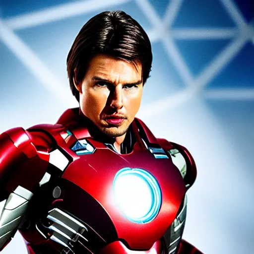 Image similar to A photo of Tom Cruise as Ironman, head shoot, promo shot, highly detailed, sharp focus, kodak film, outdoor, dynamic lighting