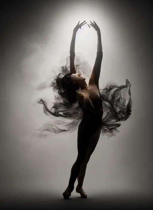 Image similar to a Photorealistic dramatic hyperrealistic render of a beautiful Female smoke dancer by Ken Brower and Deborah Ory of NYC Dance project,Lois Greenfield,Flowing cloth and smoke,Beautiful dynamic dramatic dark moody lighting,volumetric,shadows,cinematic atmosphere,Octane render,8K