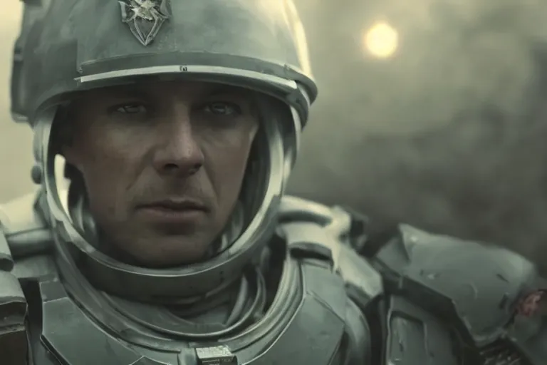 Image similar to VFX movie of a futuristic spacemarine closeup portrait in war zone, beautiful natural skin natural lighting by Emmanuel Lubezki