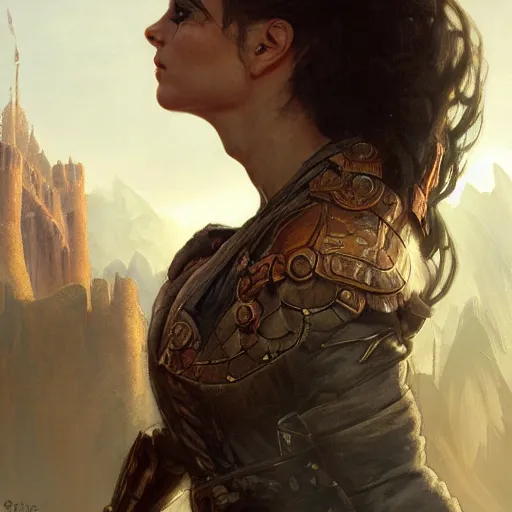 Image similar to closeup portrait of an artificer, dungeons and dragons character, dramatic lighting, female warrior, beown hair, castle background, gorgeous view, realistic, high detail, digital art, painted by greg rutkowski, painted by jeremy mann, painted by alphonse mucha, trending on artstation