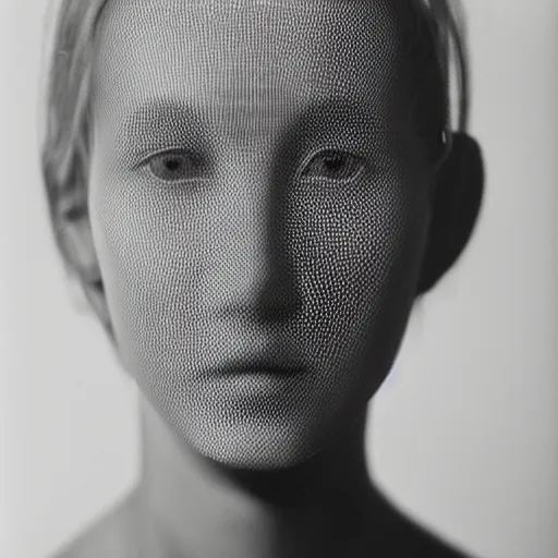 Prompt: portrait of a human with a dignified, symmetrical and beautiful face made out of mesh, taken with medium format mamiya camera 1/8f