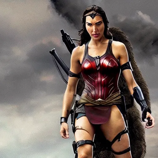 Image similar to still film of gal gadot as lara croft, cinematic, dramatic, middle shot