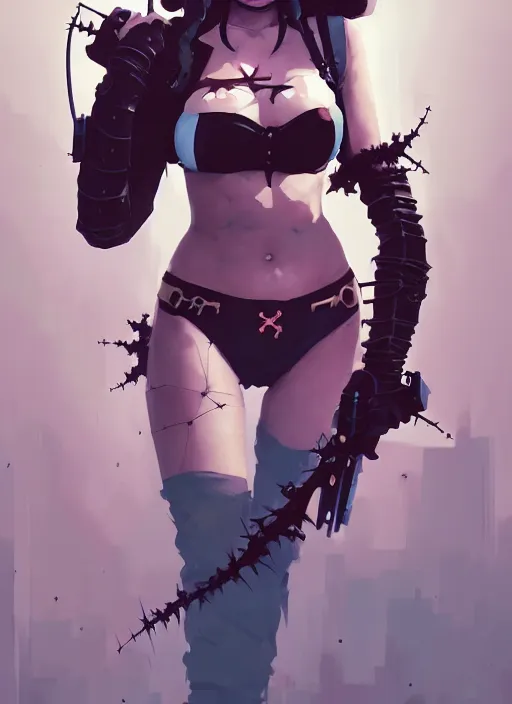 Image similar to portrait of cute goth harley quinn girl with crown of thorns in bikini armor, warhammer, cyberpunk, by atey ghailan, by greg rutkowski, by greg tocchini, by james gilleard, by joe gb fenton, by kaethe butcher, dynamic lighting, gradient light blue, brown, blonde cream and white color in scheme, grunge aesthetic