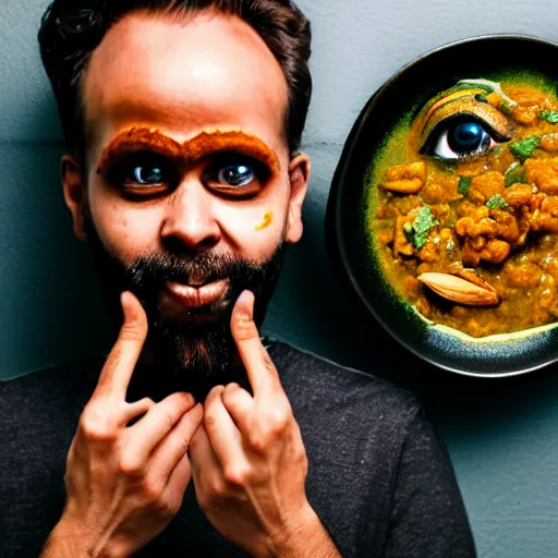 Image similar to photo of a man with three eyes ecstatically eating a bowl of indian frog curry. third eye forehead joy pineal eye minds eye cyclops, hands raised