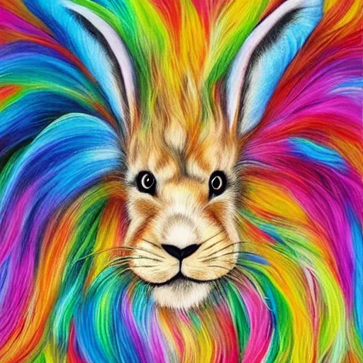 Image similar to cute fluffy tan lop eared bunny rabbit with long colorful flowing lion mane with mohawk hairstyle hybrid animal detailed painting 4 k