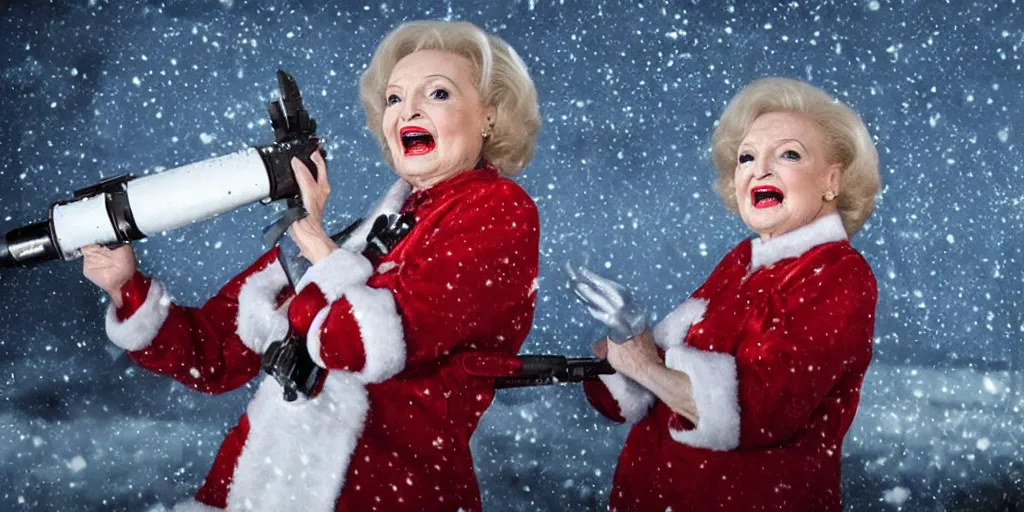 Prompt: betty white rocket launcher christmas nightmare horror by jordan peele cinematic fog snow night terrifying