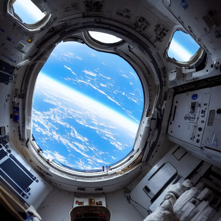 Image similar to inside the iss interior looking out of a futuristic window onto earth, photorealistic, hyperdetailed, sci - fi, atmospheric, artstation