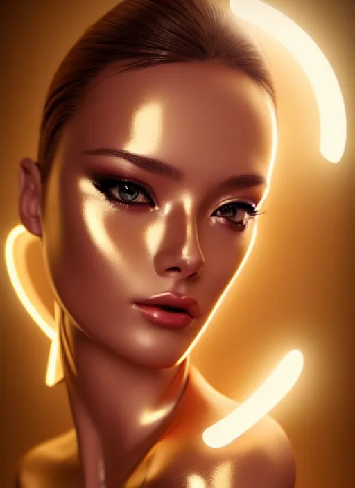 Prompt: a gorgeous female photo, professionally retouched, soft lighting, wearing shiny gold catsuit, illuminated by floating, glowing alien symbols, realistic, smooth face, perfect eyes, wide angle, sharp focus on eyes, 8 k high definition, insanely detailed, intricate, elegant, art by artgerm and wlop
