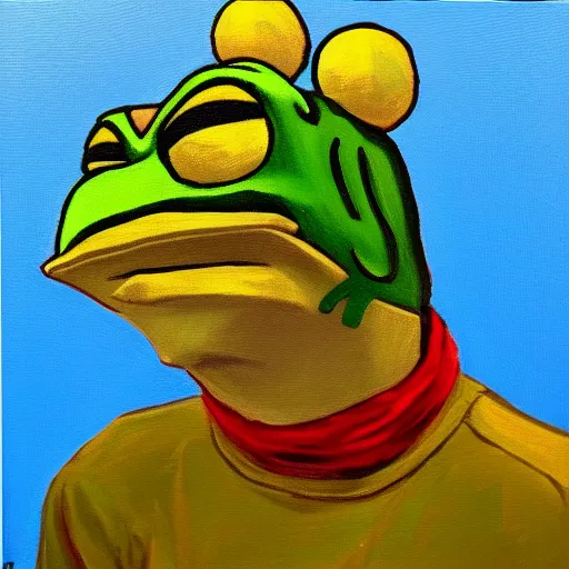 Image similar to Portrait of xQc with pepe the frog , oil painting