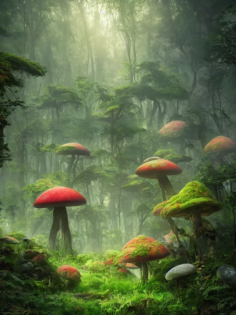 Image similar to a beautiful otherworldly fantasy landscape of a hidden forest with colorful mystical plants and huge psychedelic mushrooms as the trees, rendering, cryengine, vray render, cinema 4 d, cgsociety, bioluminescent