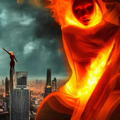 Prompt: a woman on fire, city on fire down there, giant, photoshop, sci - fi, creative and cool, award winning, photo manipulation