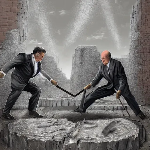 Prompt: Ronald Reagan and Mikhail Gorbachev destroying a large wall using hammers, digital art, trending on artstation, highly detailed