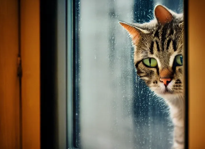 Image similar to photography of a Cat . watching outside the window while it rains. on a bed. in a room full of vinyls and posters, photorealistic, raining award winning photo, 100mm, sharp, high res