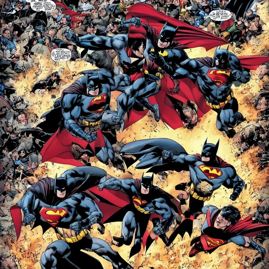 Image similar to batman defeating superman with a large croud watching