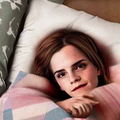 Image similar to tucking a cold emma watson into bed, wholesome, in the style of bob ross painting