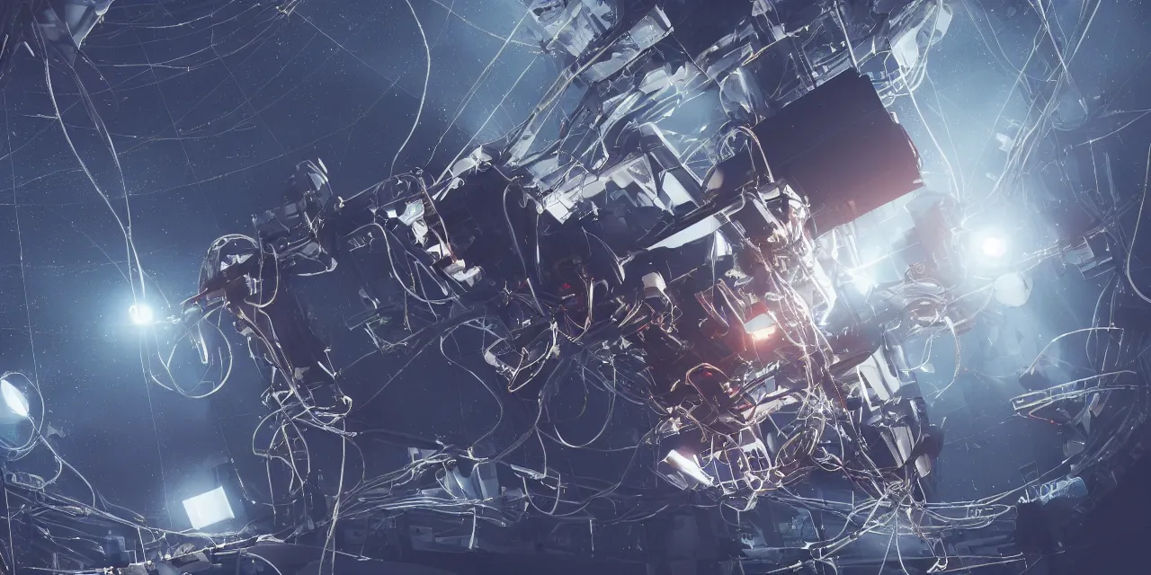 Image similar to astronaut entangled by a lot of cables, connected to a supercomputer designed by Dieter Rams, cinematic lighting, haze, moonlight, strong shadows, octane render, lens flare, particles, laser