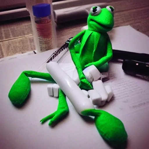 Image similar to “ spilled bottle of prescription pills next to sleeping kermit the frog ”