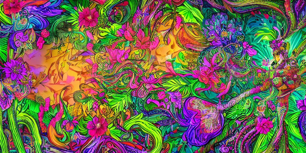 Image similar to 8k detailed psychedelic abstract illustration a exotic garden with neon flowers, detailed, intricate, elegant, highly detailed, digital painting, artstation, smooth, sharp focus