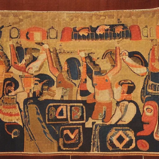 Prompt: ancient tapestry of an absolutely chaotic nightclub scene