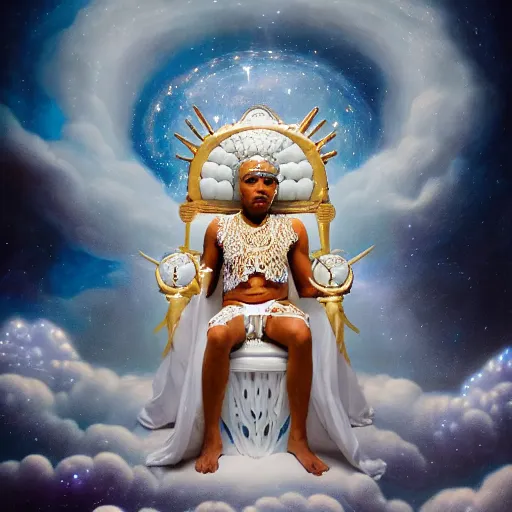 Image similar to obatala the cosmic god wearing all white and gold sitting on a throne of nebula clouds, by Adi granov and afarin sajedi in a surreal portrait style, oil on canvas, volumetric lighting, glowing eyes, detailed face, orisha, 8k, hd