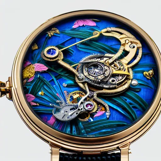 Image similar to a steampunk sleek, jewelled, tropical bird repeater watch by Jaquet Droz, highly detailed illustration highlights, gold and silver highlights, neon blue highlights, macro photography, F/2.8, trending on artstation, octane render