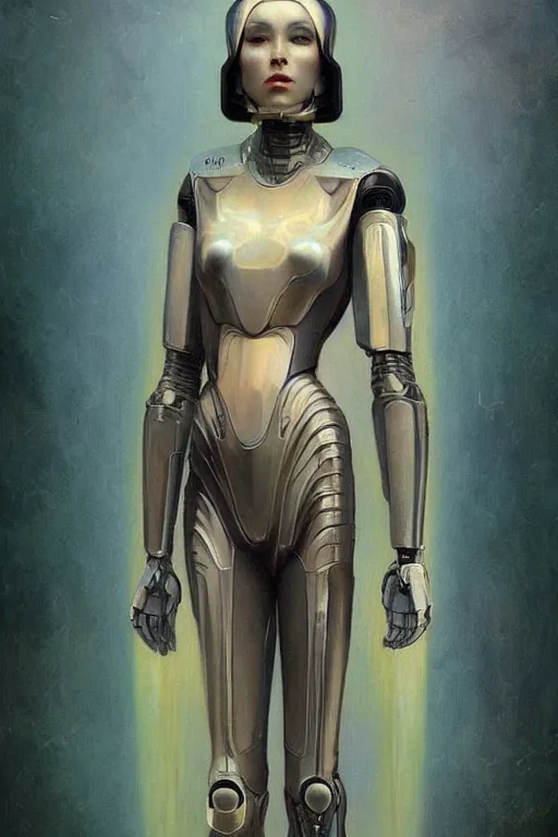 Image similar to fullbody or portrait, simple raven, perfect future, iridescent color palette, by wlop and karol bak and bouguereau and viktoria gavrilenko, 1 9 7 0 s retro future robot android. muted colors