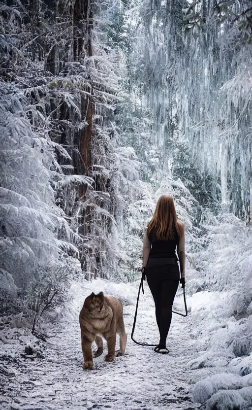 Image similar to beautiful woman walks her pet cougar on a leash thru a crystal forest, hyperreal, atmospheric, photorealistic photographed in the style of national geographic