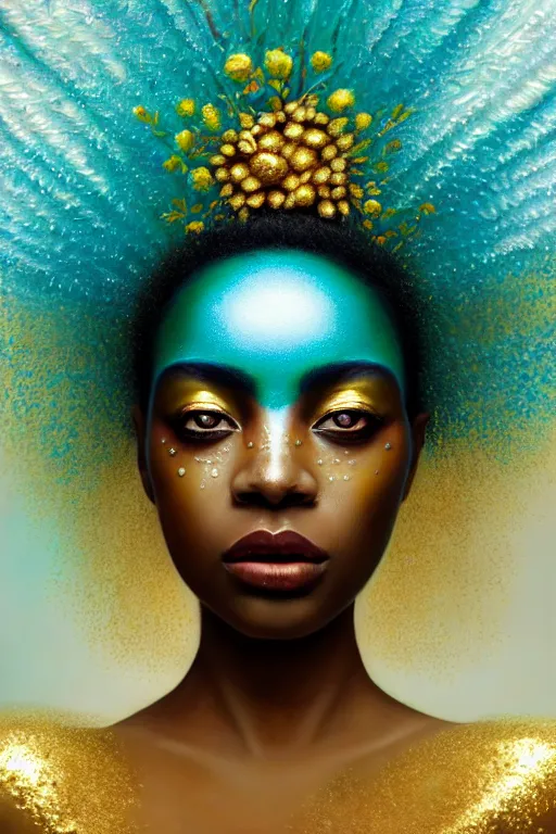 Image similar to hyperrealistic neo - symbolist cinematic very beautiful! oshun goddess with white eyes, yoruba body paint, dripping droplet armor, gold flowers, highly detailed digital art masterpiece, smooth etienne sandorfi eric zener dramatic pearlescent soft teal light, ground angle uhd 8 k, sharp focus