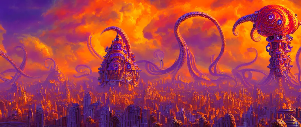 Image similar to hyper-ornate sky city built on giant orange and purple cyborg octopus puffy clouds matte painting concept art alex grey salvador dali cinematic soft orange lighting high angle hd 8k sharp shallow depth of field