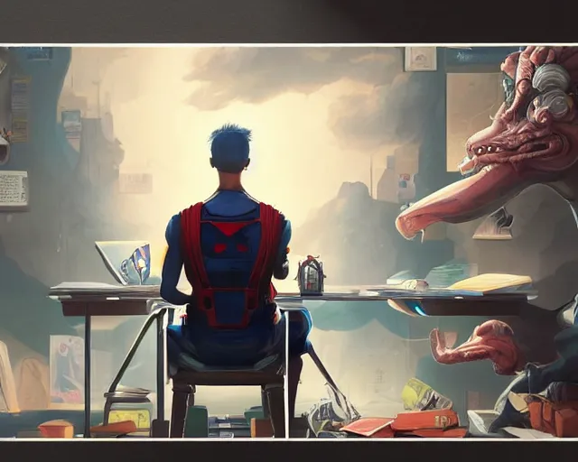 Image similar to an insanely detailed painting of a nerdy asian man wearing a superhero costume, sitting at a desk, staring at the nervously at the computer and typing, in the style of peter mohrbacher, dramatic lighting and composition, octane render, pixar, trending on artstation, concept art, comic book, view from behind