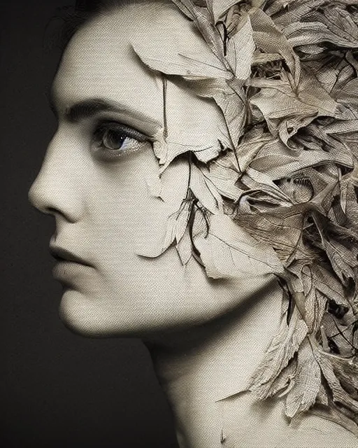 Image similar to a woman's face in profile, long hair made of leaf skeletons, in the style of the Dutch masters and Gregory Crewdson, dark and moody