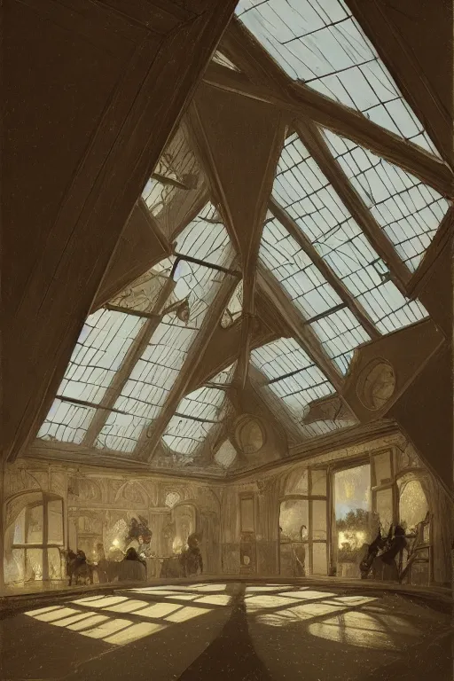 Prompt: a realistic detail of triangular attic with three domed windows, the middle one larger than the two sides, france in the 1 8 th century, shining star, raining, goth, wide - angle lens, by syd mead, francois boucher, 8 k, trending on artstation