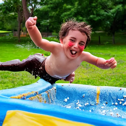 Image similar to kid sliding down chocolate pudding head first, slip n slide, photo taken at the park