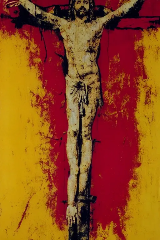 Image similar to bloody jesus christ crucified, yellow sky painted by andy warhol and cy twombly