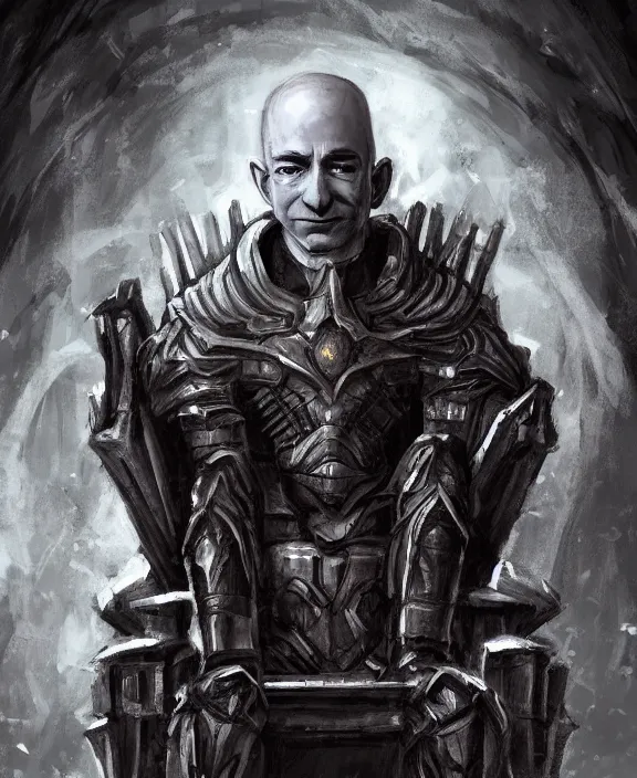 Image similar to a grimdark fantasy concept art portrait of jeff bezos sitting on a dark and evil throne