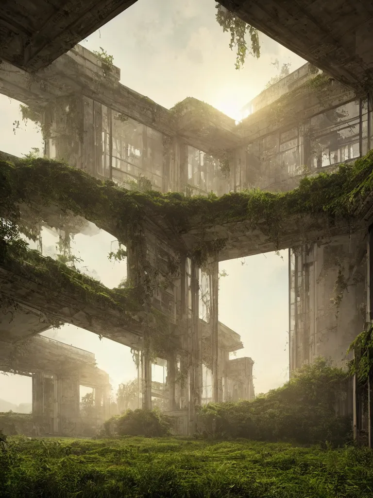 Image similar to a high magnificent abandoned building, surrounded by lush green vegetation, stunning volumetric lighting, sunset, solid concrete, stunning skies, trending on Artstation, 8k, photorealistic, hyper detailed, unreal engine 5, IMAX quality, cinematic, epic lighting, in the style of DOOM and Quake and Le Corbusier and Greg Rutkowski