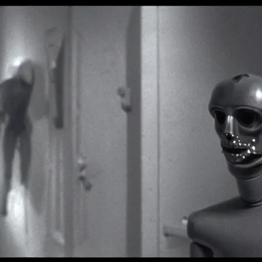 Prompt: Possession (1981) by Andrzej Żuławski, movie still, robot head and man head