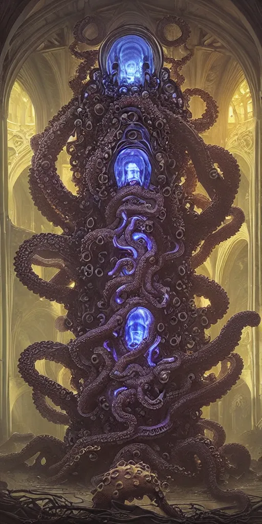 Image similar to high ranked mage with big octopus head and a lot of translucent jellyfishes floating around inside an ancient mage castle hall colossal scale, gothic and baroque, brutalist architecture, ultradetailed, Intricate by Ellen Jewett and Josan Gonzalez and Giuseppe Arcimboldo