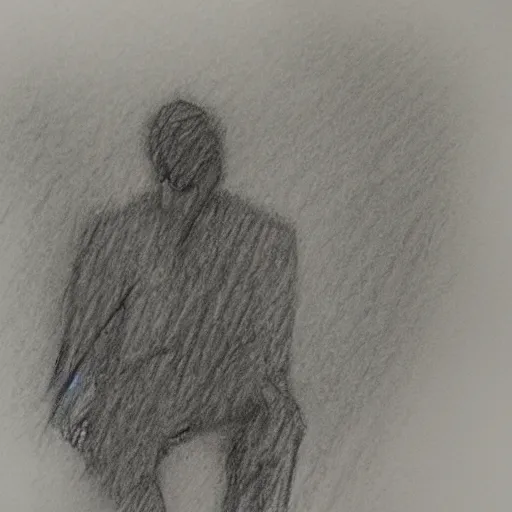 Prompt: a drawn man in the jacked stand in rain. pencil sketch.